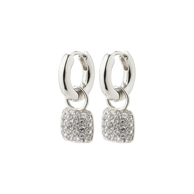 Crystal encrusted square drops, falling from chunky huggie earrings - silver plated.