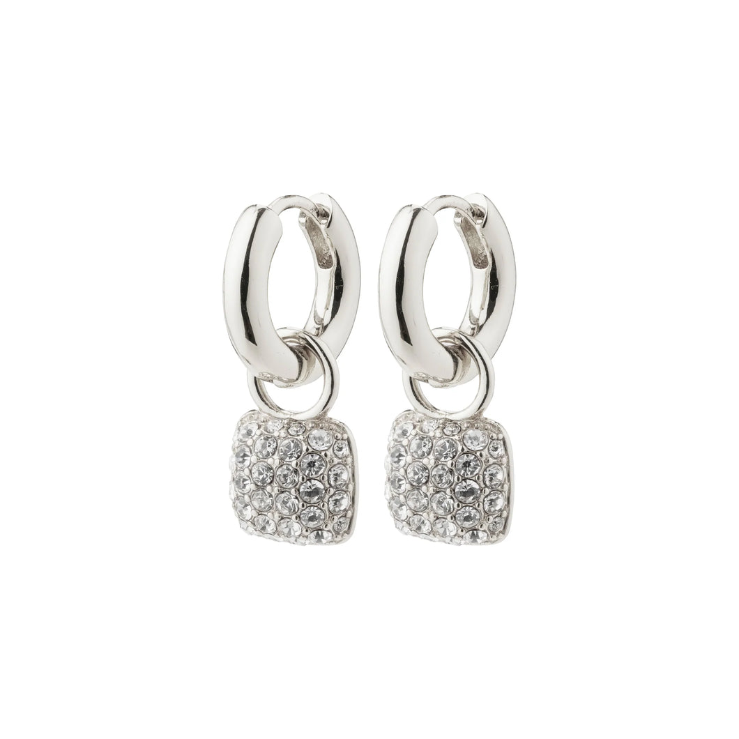 Crystal encrusted square drops, falling from chunky huggie earrings - silver plated.