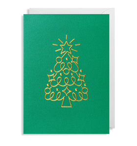 A traditional dark green card with gold embossed tree with stars and decorations in an abstract print.