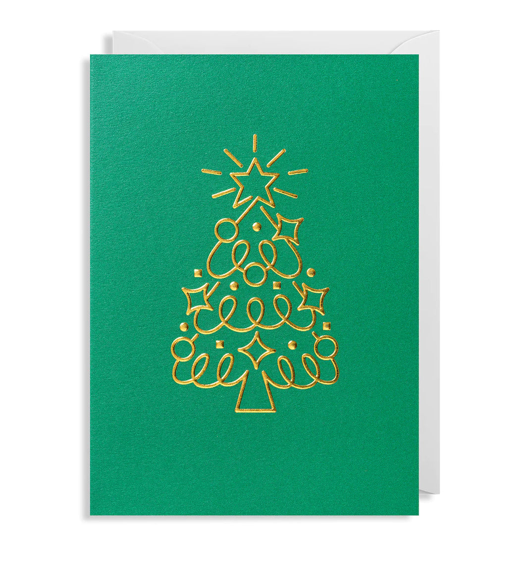 A traditional dark green card with gold embossed tree with stars and decorations in an abstract print.