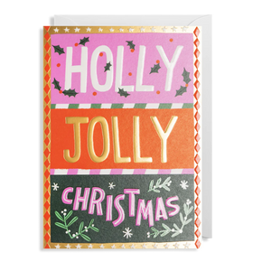 A colourful card in pink, red and green with holly and decorative details.