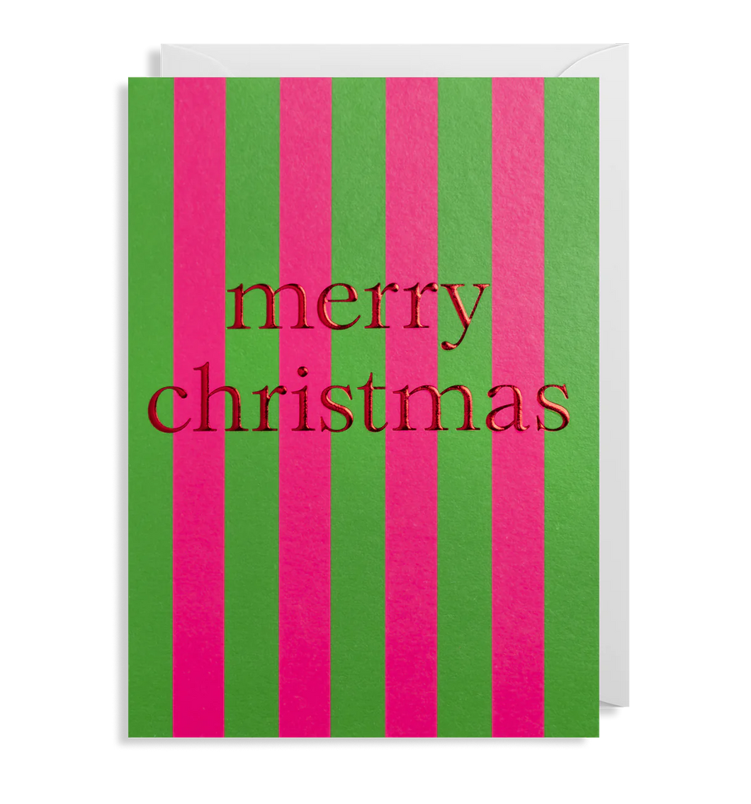 A bright pink and green vertical stripe card with 