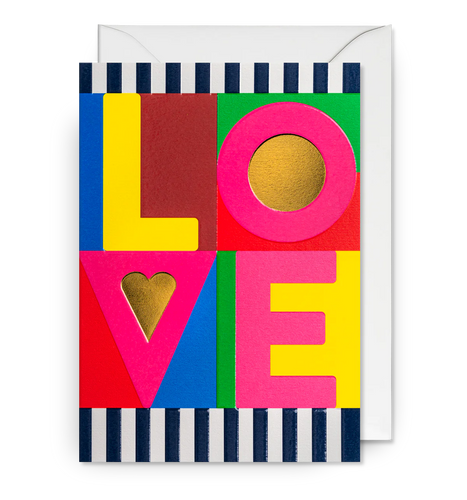 A card in bright colours with LOVE taking up the whole card