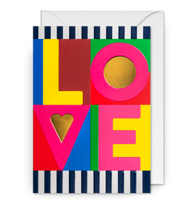 A card in bright colours with LOVE taking up the whole card