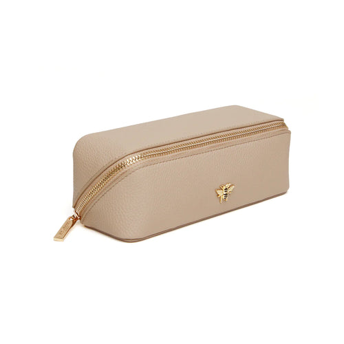 small stone train case: Perfect for storing makeup brushes and other necessities, this exclusive case exudes elegance and sophistication with a gold bee on the front.