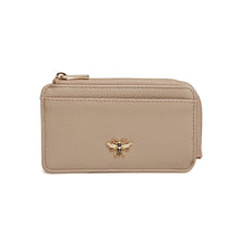 Load image into Gallery viewer, Small stone coloured faux leather purse with a gold bee detail on the front. Perfect for travelling light with a couple of cards and a few notes/coins.