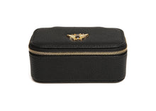 Load image into Gallery viewer, Compact jewellery storage box in black with a gold bee detail on it, a zip around the top and a mirror inside