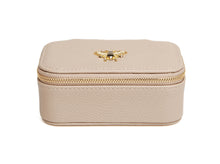Load image into Gallery viewer, Stone coloured faux leather jewellery box with a gold bee detail on the top and a gold zip. Inside is ring storage, an open storage section and a mirror