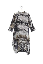Load image into Gallery viewer, A print dress that features images of gardens and sculptures inspired by the Palace of Versailles and Louis XIV The Sun King. Carefully coloured in tones of black, grey and subtle green