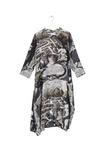 Load image into Gallery viewer, A print dress that features images of gardens and sculptures inspired by the Palace of Versailles and Louis XIV The Sun King. Carefully coloured in tones of black, grey and subtle green