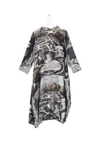A print dress that features images of gardens and sculptures inspired by the Palace of Versailles and Louis XIV The Sun King. Carefully coloured in tones of black, grey and subtle green