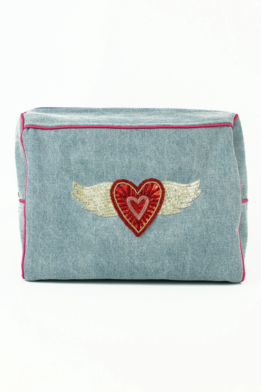 Denim make up bag with aflying heart motif