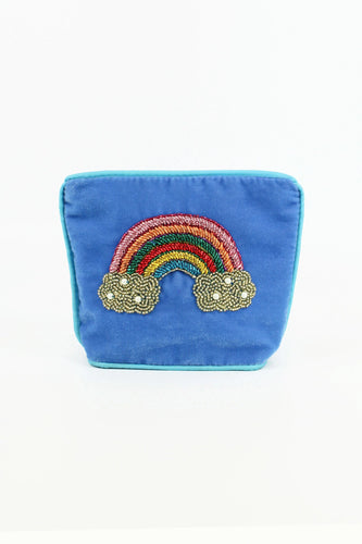 A cotton velvet purse with the brightest of rainbows made from beads and metallic rope. Completely handmade