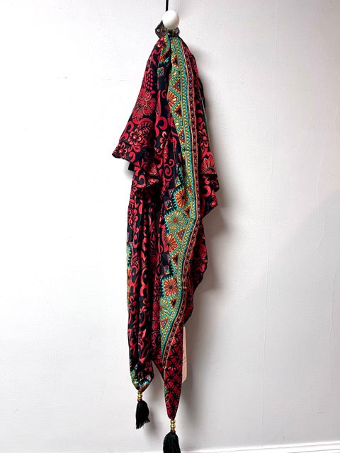 Indian bright red and black with a colourful border detail scarf/sarong. -made from 70% silk and 30% viscose