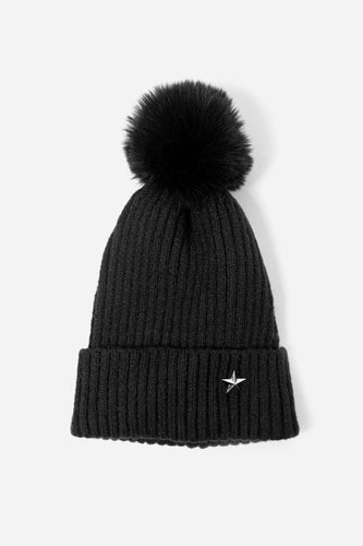 Black hat with faux fur pom pom and silver star detail