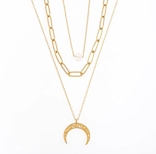 Triple layer necklace with a crescent moon - made from gold plated stainless steel for longevity