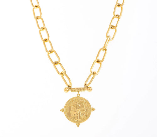 Coin Pendant Chunky Link Chain Necklace | Gold Plated