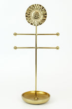 Load image into Gallery viewer, Heavy brass jewellery stand with a sun face and a ring dish at the base