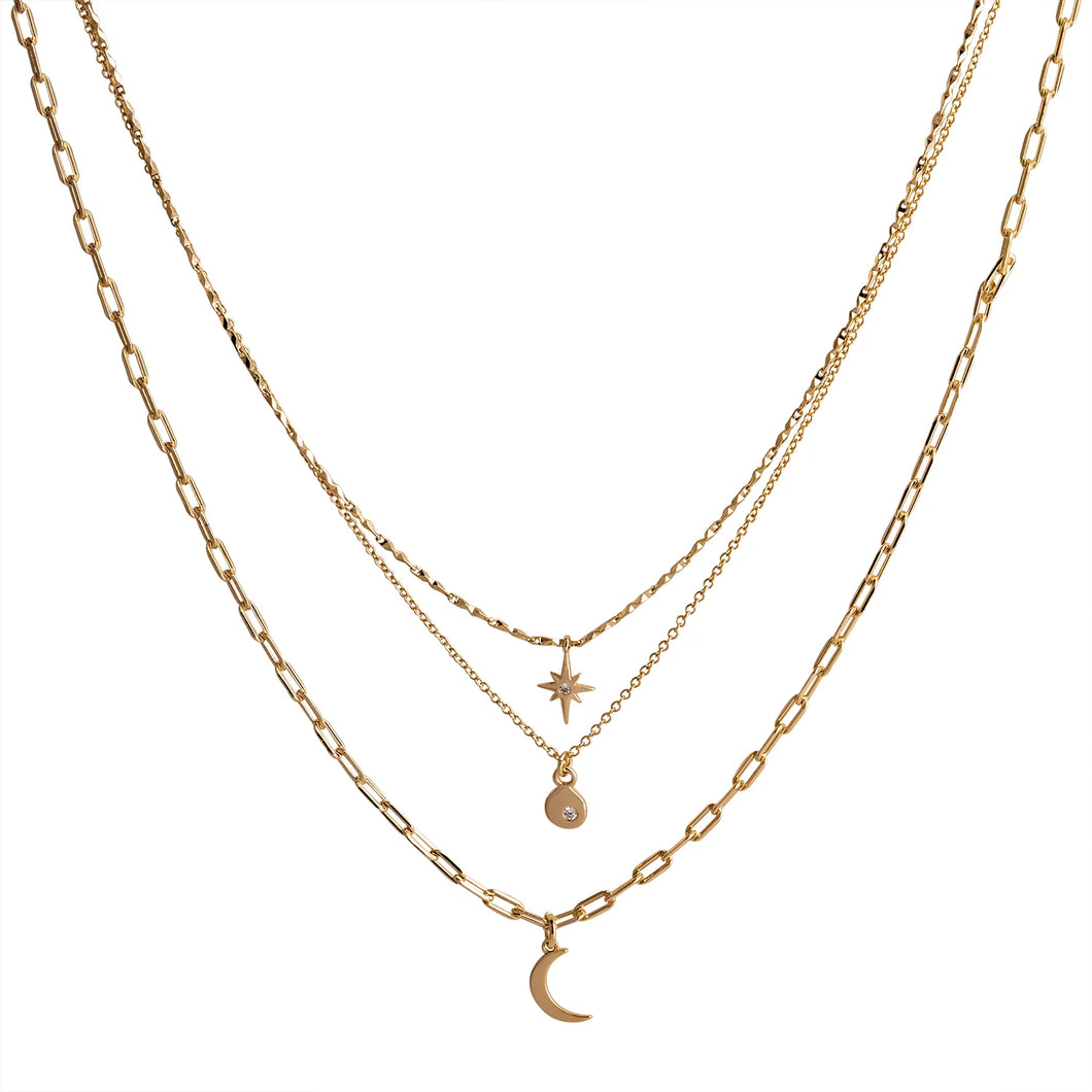 triple layered gold necklace with three different chain styles and three different pendants