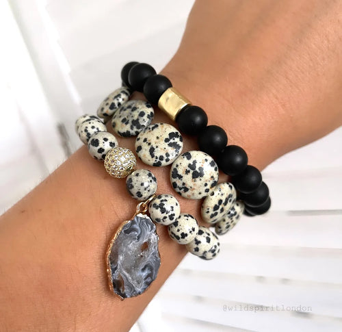 A set of three Dalmatian stone luxe bead bracelets