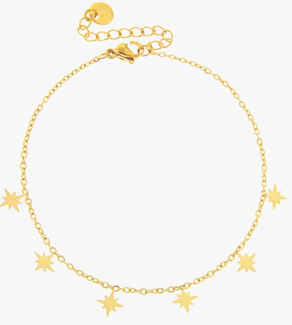 A delicate bracelet with small stars along its length. It is adjustable as it has an extender chain.