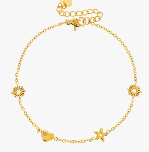 Gold chain bracelet with sun, heart and star charms