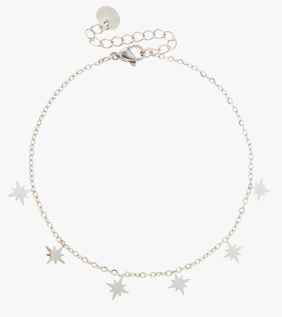 An adjustable delicate chain bracelet with stars along its length.