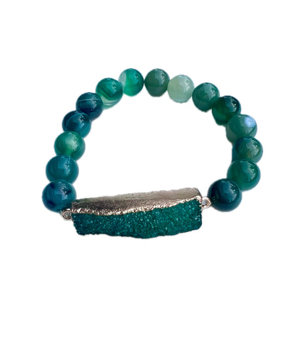 Green Druzy And Natural Agate Elasticated Bracelet