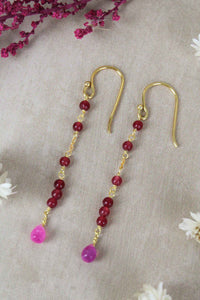 Pink quartz beads on long chain earrings