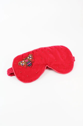 Pink velvet cotton mask with an embroidered bee and matching storage pouch