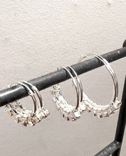 Load image into Gallery viewer, Three sizes of silver hoops with small block detail
