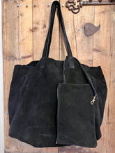 Load image into Gallery viewer, Slouchy black soft suede handmade tote bag with zip up inner bag that can be detached and used alone