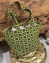 Load image into Gallery viewer, Generous sized tote bag with a flat bottom made from a sturdy Moroccan  velvet in the pattern of stars in green, cream and gold