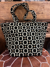 Load image into Gallery viewer, Black, cream and gold Moroccan design tote bag with press stud closures