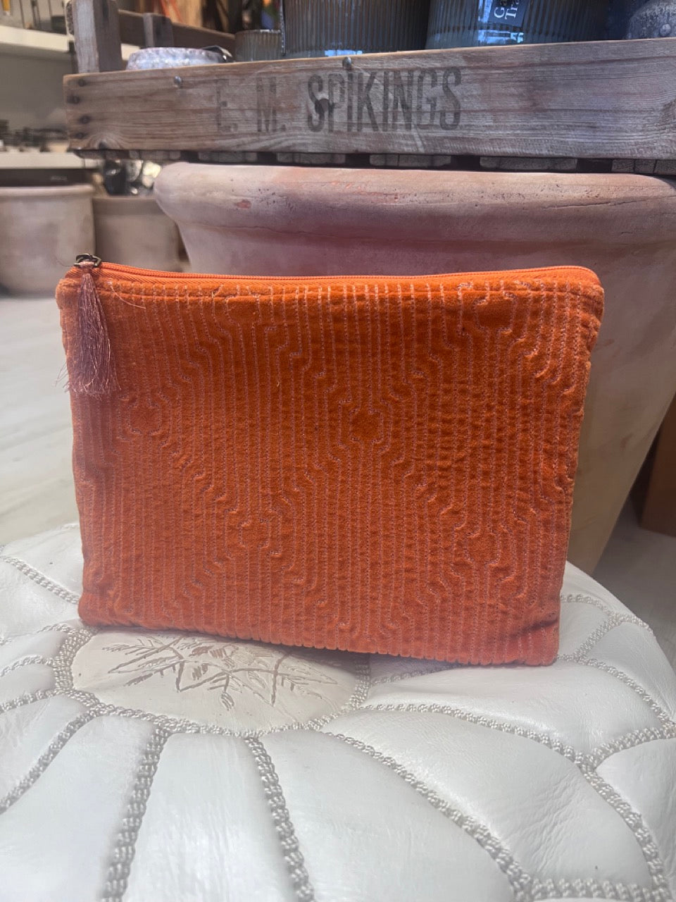 Large velvet zip up pouch in burnt orange 