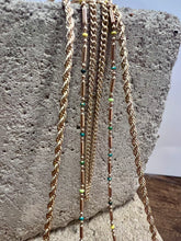 Load image into Gallery viewer, gold triple layered long necklace with coloured beads 