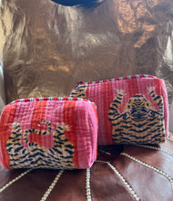 Load image into Gallery viewer, Small and large makeup bags with tiger print in a bright pink and red