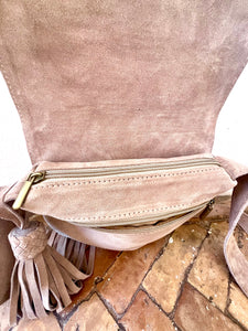 Cream Suede Handbag with Big Chunky Tassel | Medium