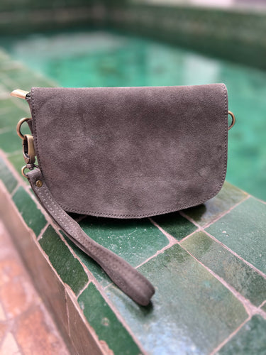 Murky grey suede crossbody bag - comes with adjustable long strap and a wrist strap