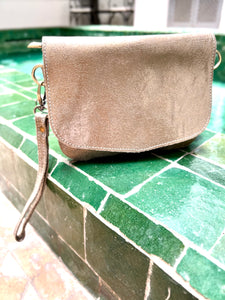 Gold Leather Crossbody Bag with adjustable strap and wrist strap