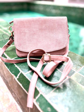 Load image into Gallery viewer, Dusky Pink Suede Crossbody bag. Made by hand by artisans in Marrakech