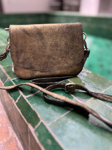 Metallic bronze on black crossbody handbag handmade in Marrakech
