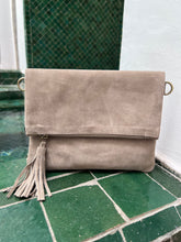 Load image into Gallery viewer, Sand suede fold over clutch bag with long strap and wrist strap - wear it as a crossbody, a clutch or a shoulder bag