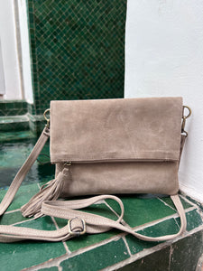 Sand suede fold over clutch bag with long strap and wrist strap - wear it as a crossbody, a clutch or a shoulder bag