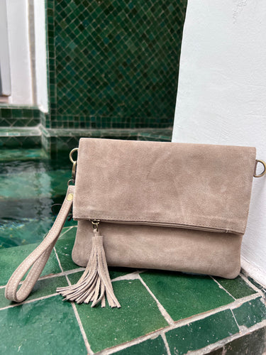 Sand suede fold over clutch bag with long strap and wrist strap - wear it as a crossbody, a clutch or a shoulder bag