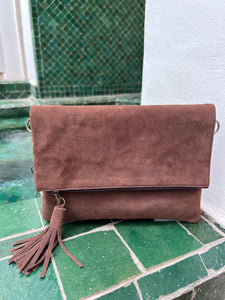 Golden Brown Suede Fold Over handbag. Use it as a crossbody, a clutch or a shoulder bag - BE Lifestyle Boutique