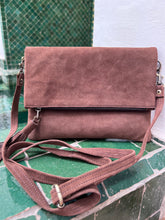 Load image into Gallery viewer, Golden Brown Suede Fold Over handbag. Use it as a crossbody, a clutch or a shoulder bag