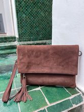 Load image into Gallery viewer, Golden Brown Suede Fold Over handbag. Use it as a crossbody, a clutch or a shoulder bag