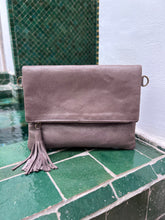 Load image into Gallery viewer, Mushroom Taupe Soft Shimmer Clutch Bag with long strap and wrist strap - BE Lifestyle Boutique