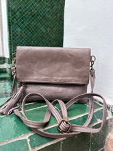 Load image into Gallery viewer, Mushroom Taupe Soft Shimmer Clutch Bag with long strap and wrist strap